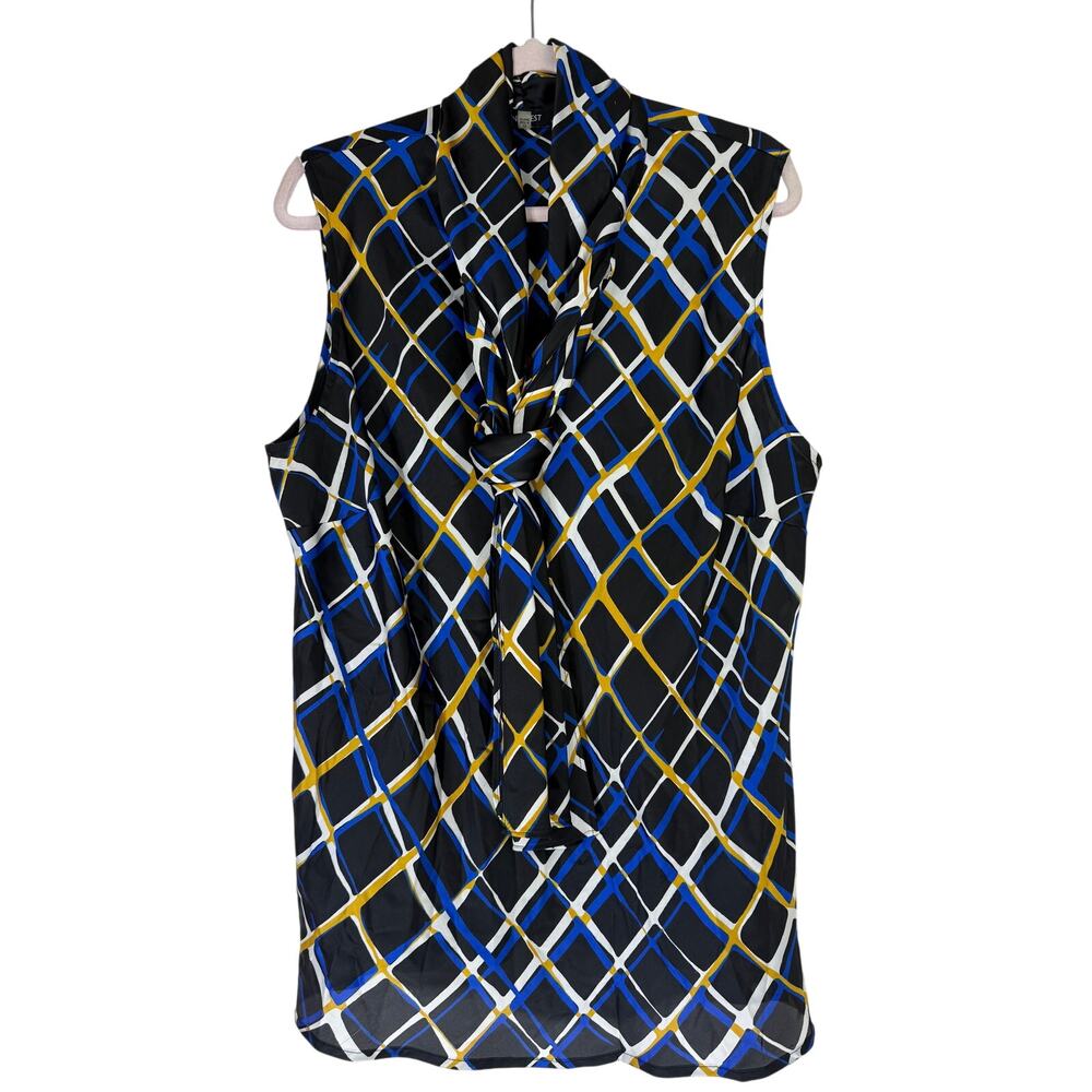 Nine West Black & Blue Geo Pattern Light Weight Silky Scarf Blouse Top Size 2X